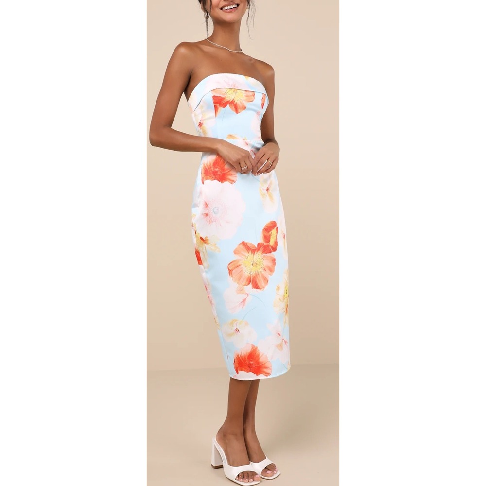 NWT Lulus Oriana Light Blue Floral Satin Strapless Midi Dress Size L - Picture 3 of 7